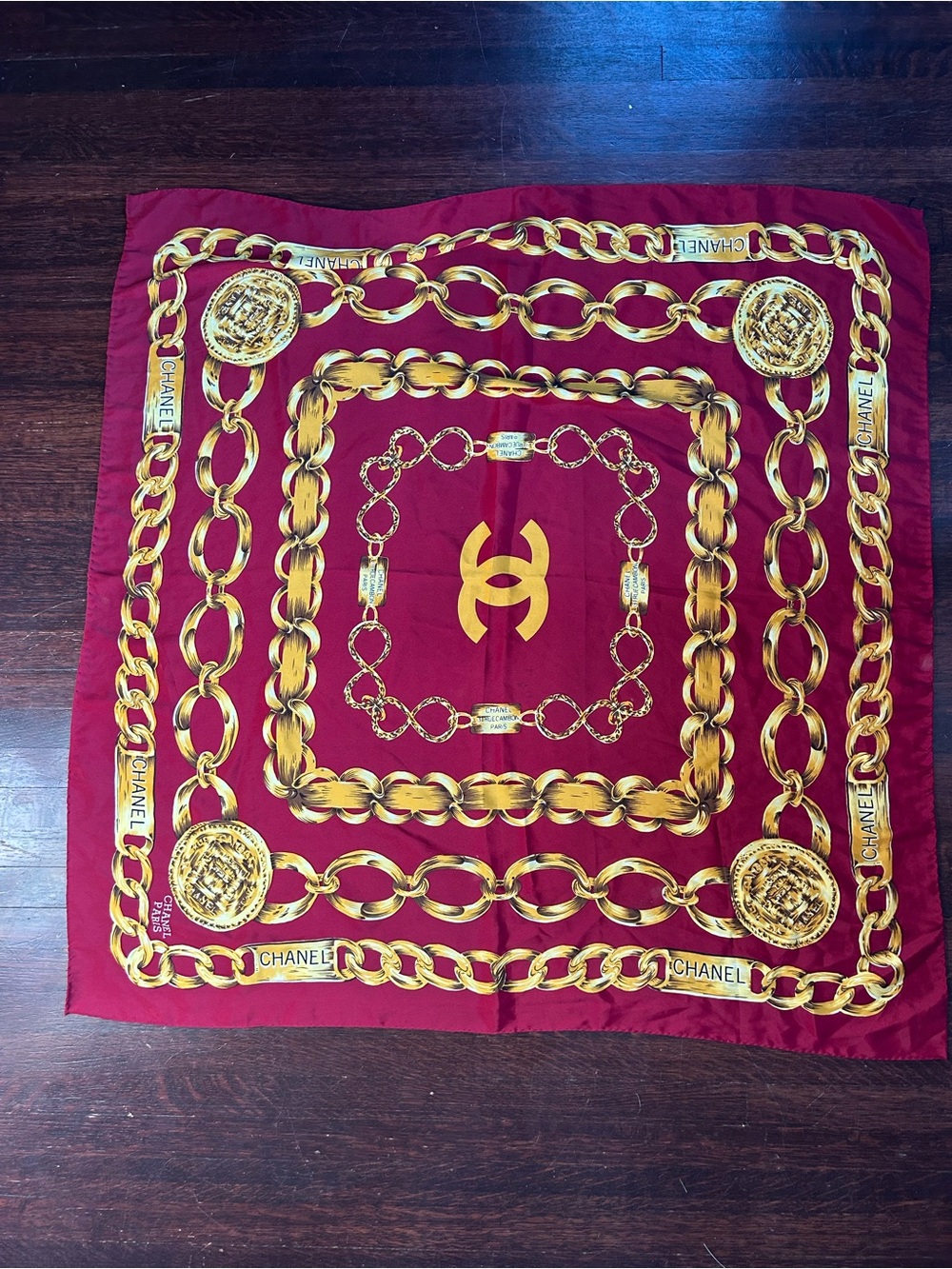 CHANEL Burgundy and Gold Chain Silk Scarf